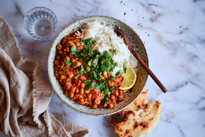 Chana masala með hrísgrjónum og naanbrauði