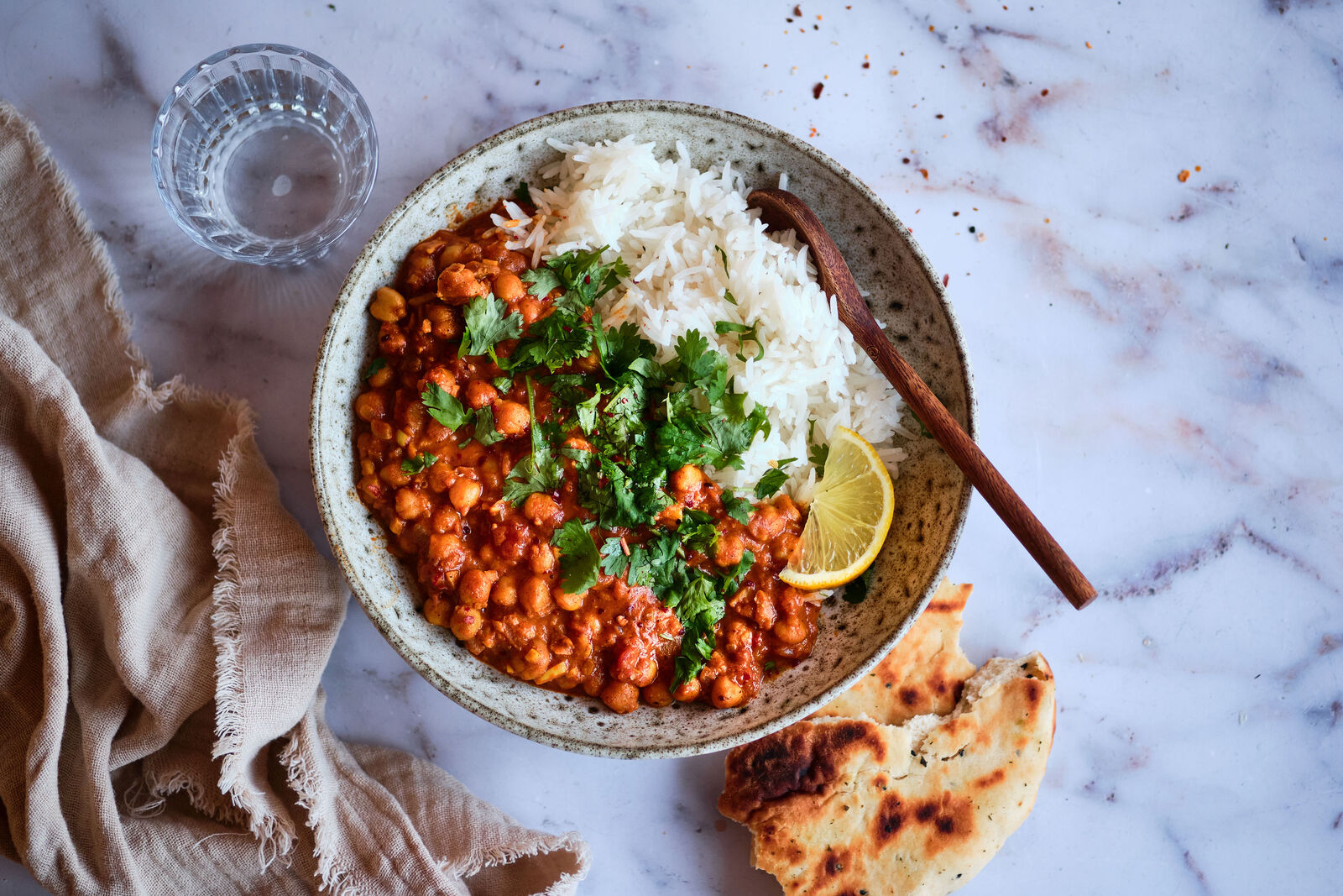 Chana masala með hrísgrjónum og naanbrauði